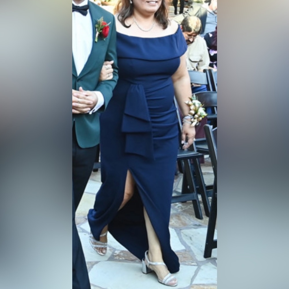 Formal off the shoulder draped,slit down, navy xscape, size 14